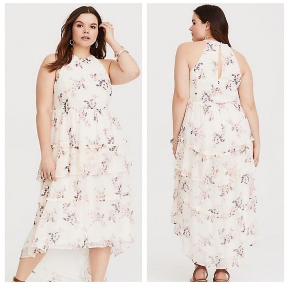 Torrid Floral Tiered Halter Maxi‎ Dress High Low Hem Plus Size 1 Flowy Boho